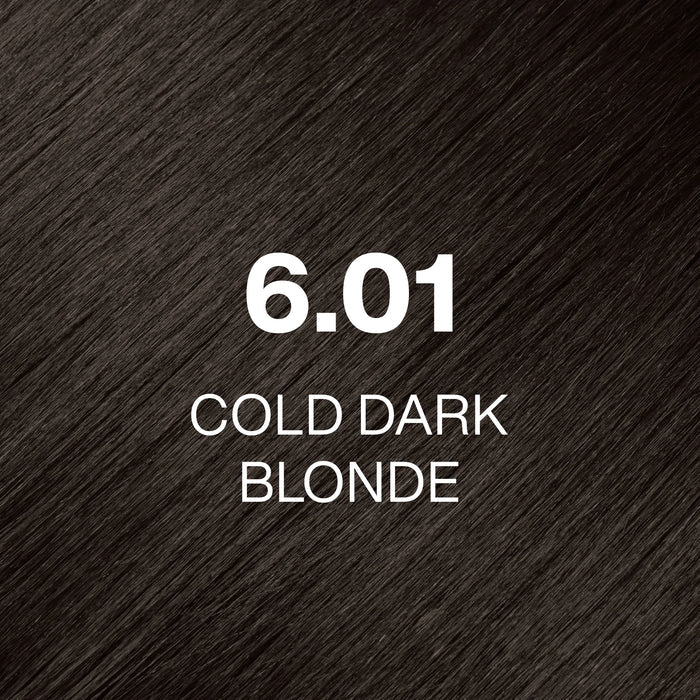 Juvexin Cream Color Cold Naturals 6.01 Cold Dark Blonde hair texture close-up, cool ashy dark brown, code and name over it