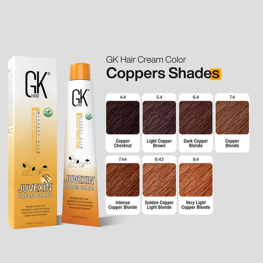 GK Hair Cream Color Coppers Shades chart: carton, tube and swatches 4.4, 5.4, 6.4, 7.4, 7.44, 8.43, 9.4, dark chestnut to light copper