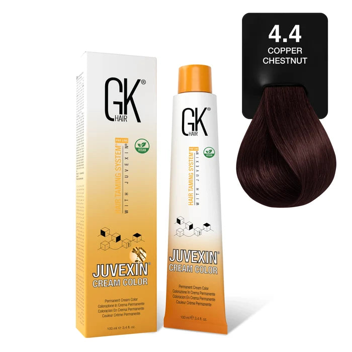 GK Hair Juvexin Cream Color Coppers 4.4 Copper Chestnut carton and 100 ml tube beside a deep burgundy-brown swatch card