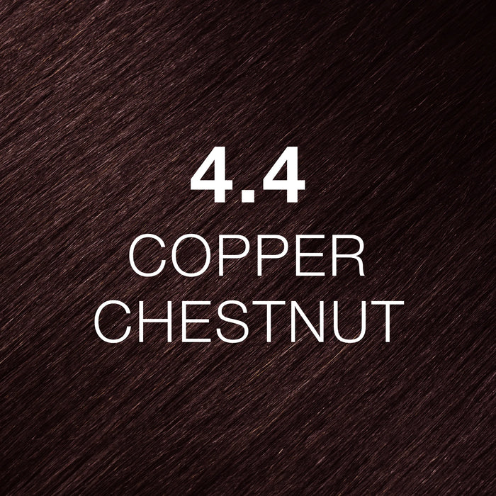 GK Hair Juvexin Cream Color Coppers 4.4 Copper Chestnut hair texture close-up, glossy deep burgundy-brown straight hair