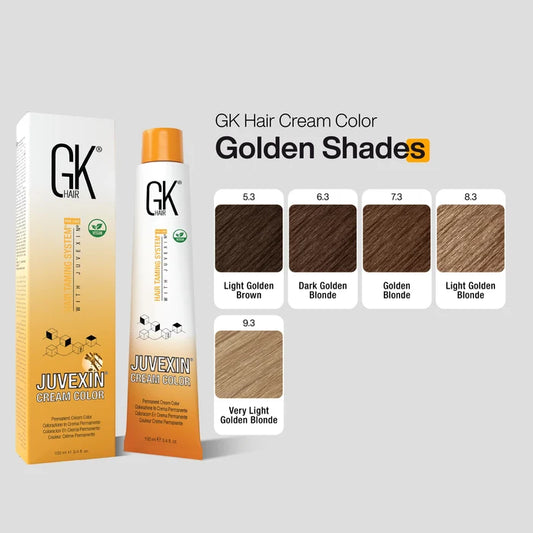 GK Hair Cream Color Golden Shades chart: carton, tube, swatches 5.3, 6.3, 7.3, 8.3, 9.3 from Light Golden Brown to Very Light Golden Blonde