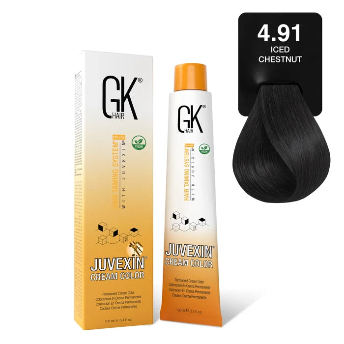 GK Hair Juvexin Cream Color Iced Chestnut carton and 100 ml tube with the 4.91 card showing a near-black cool brown swatch