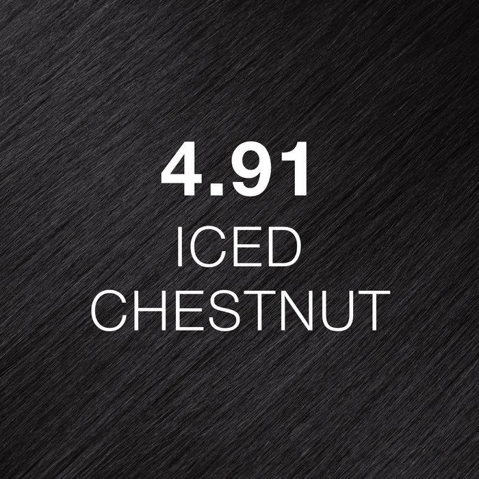 GK Hair Juvexin Cream Color Iced Chestnut 4.91 hair texture close-up, near-black cool dark brown with a gray sheen