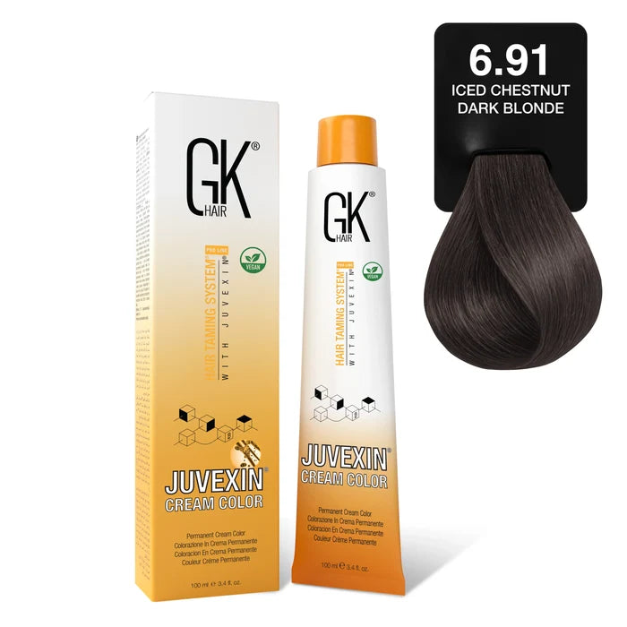 GK Hair Juvexin Cream Color 100 ml box and tube beside the 6.91 Iced Chestnut Dark Blonde card, dark cool brown swatch