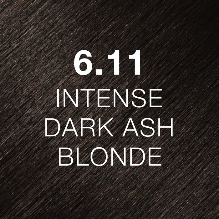 GK Hair Juvexin Cream Color Intense Ash 6.11 Intense Dark Ash Blonde full-frame hair color swatch, near-black cool brown strands