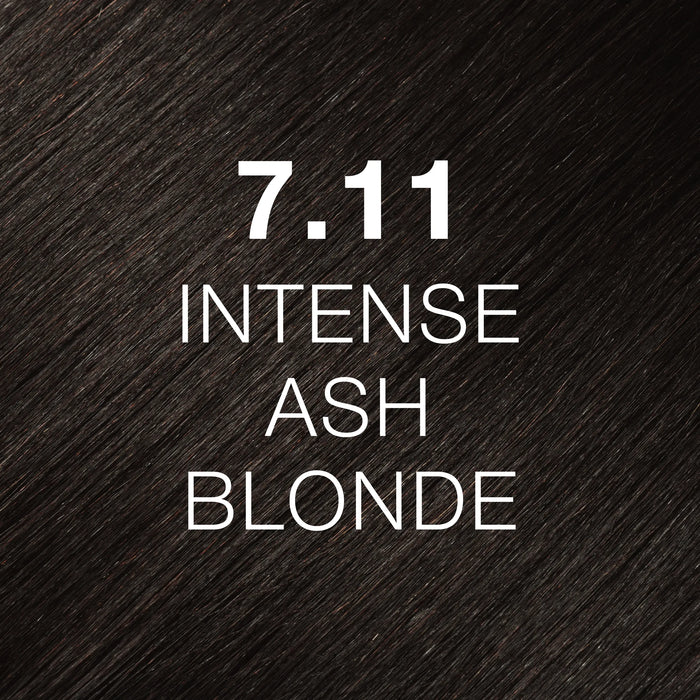 GK Hair Juvexin Cream Color Intense Ash 7.11 Intense Ash Blonde full-frame hair color swatch, very dark cool brown strands