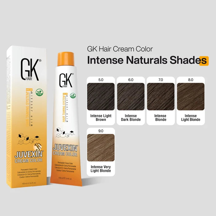GK Hair Cream Color Intense Naturals Shades chart, Juvexin box and tube with swatches 5.0, 6.0, 7.0, 8.0 and 9.0, brown to blonde