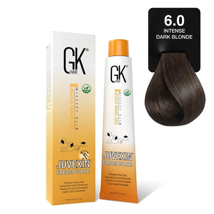 GK Hair Juvexin Cream Color Intense Naturals 100 ml box and tube, 6.0 Intense Dark Blonde card, dark neutral brown swatch