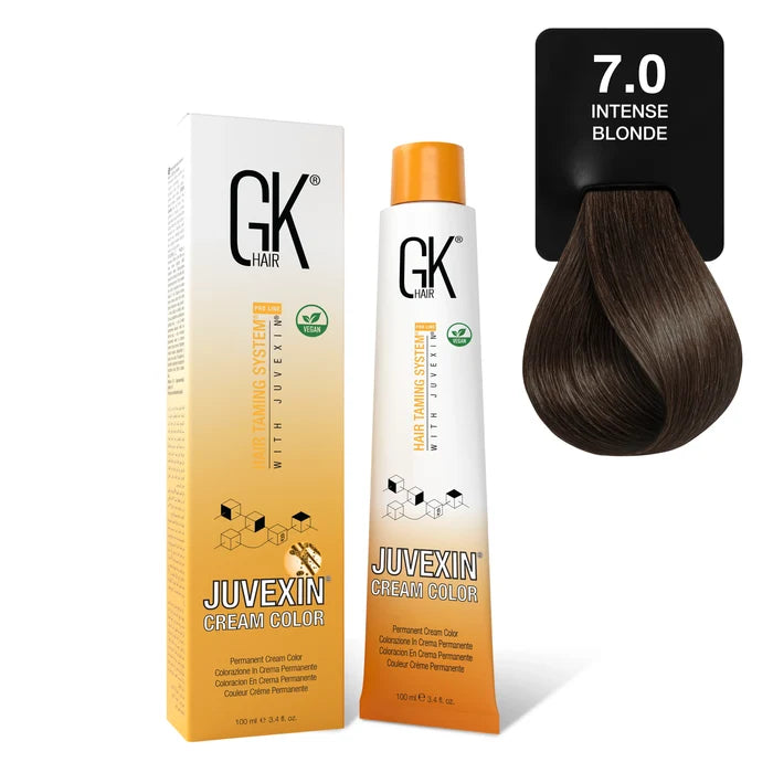 GK Hair Juvexin Cream Color Intense Naturals 100 ml box and tube, 7.0 Intense Blonde card, dark warm coffee-brown swatch