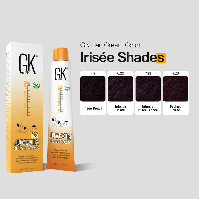 GK Hair Juvexin Cream Color pack with Irisee Shades chart: 4.2 Irisee Brown, 6.22 Intense, 7.22 Intense Blonde, 7.26 Fuchsia