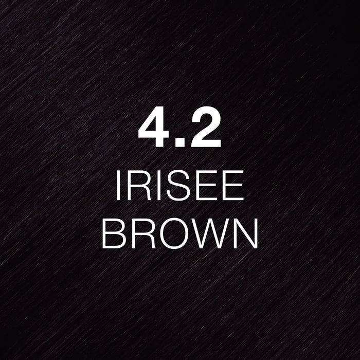 GK Hair Juvexin Cream Color 4.2 Irisee Brown hair color swatch, a near-black plum-brown hair texture tile
