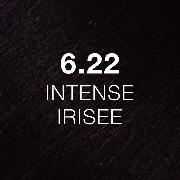 GK Hair Juvexin Cream Color 6.22 Intense Irisee hair color swatch, near-black hair with a violet cast