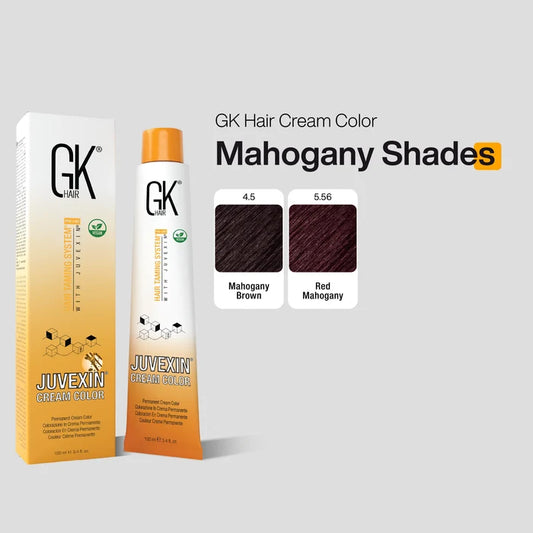 GK Hair Juvexin Cream Color pack with the Mahogany Shades chart: 4.5 Mahogany Brown and 5.56 Red Mahogany