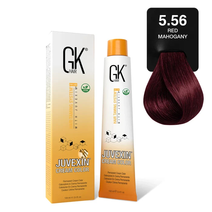 GK Hair Juvexin Cream Color 5.56 Red Mahogany carton and 100 ml tube beside a rich burgundy-red hair swatch
