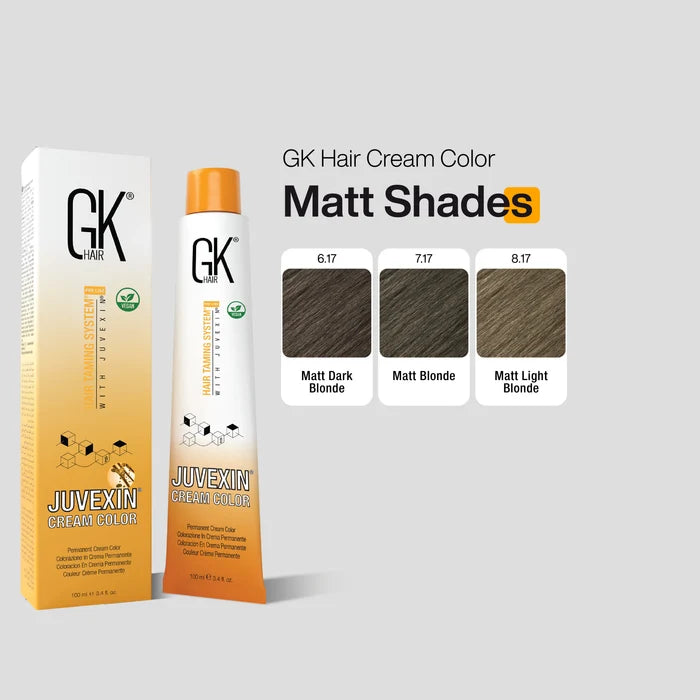 GK Hair Juvexin Cream Color pack with Matt Shades chart: 6.17 Matt Dark Blonde, 7.17 Matt Blonde, 8.17 Matt Light Blonde