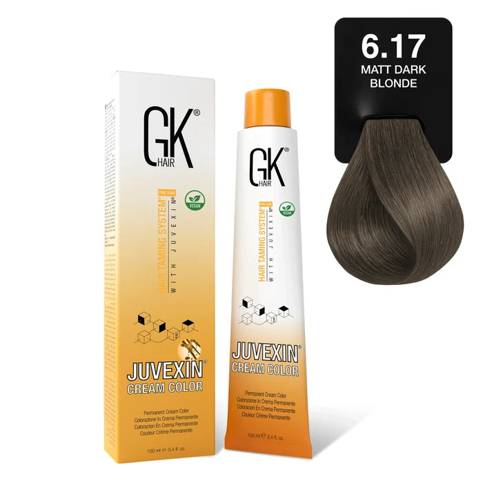 GK Hair Juvexin Cream Color 6.17 Matt Dark Blonde carton and 100 ml tube beside a cool grayish-brown hair swatch