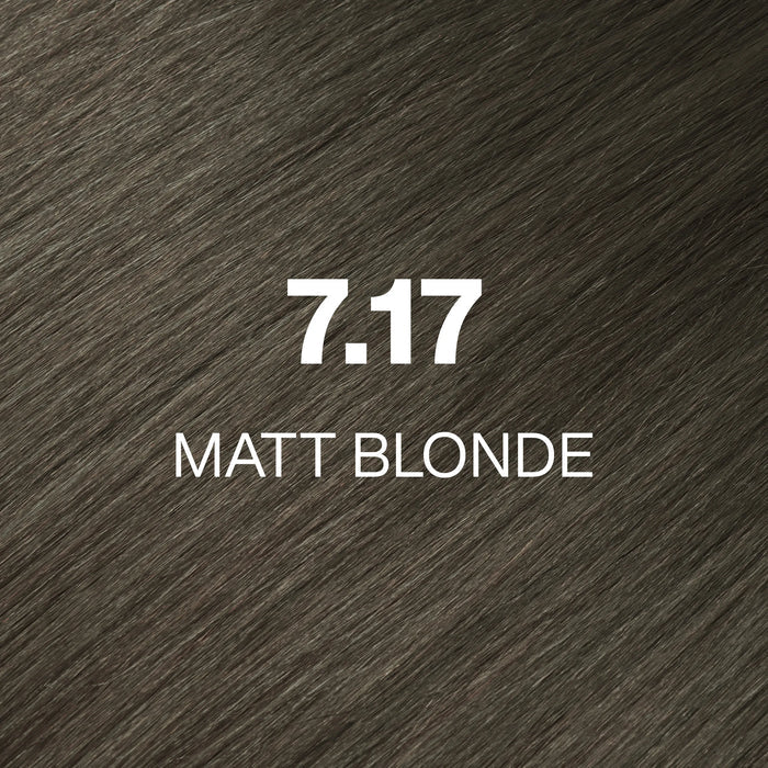 GK Hair Juvexin Cream Color 7.17 Matt Blonde hair color swatch, muted olive-toned gray-brown hair texture