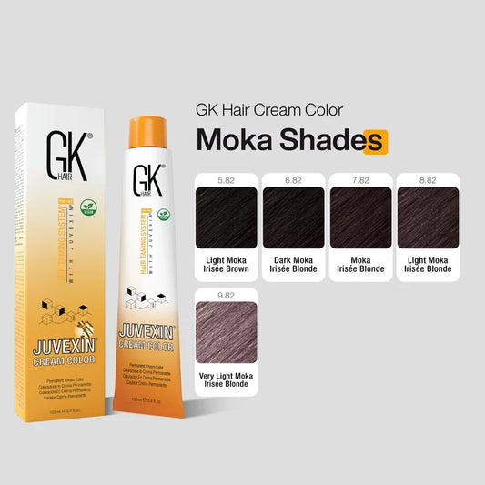 GK Hair Cream Color Moka Shades chart: Juvexin carton and tube with Moka Irisee swatches 5.82, 6.82, 7.82, 8.82 and 9.82