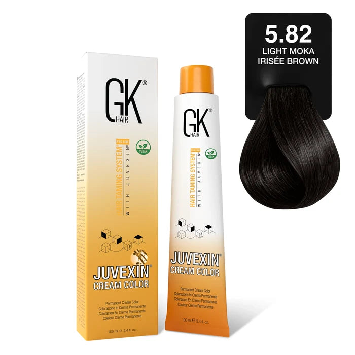 GK Hair Juvexin Cream Color Moka, shade 5.82 Light Moka Irisee Brown: 100 ml carton and tube beside its espresso-brown card