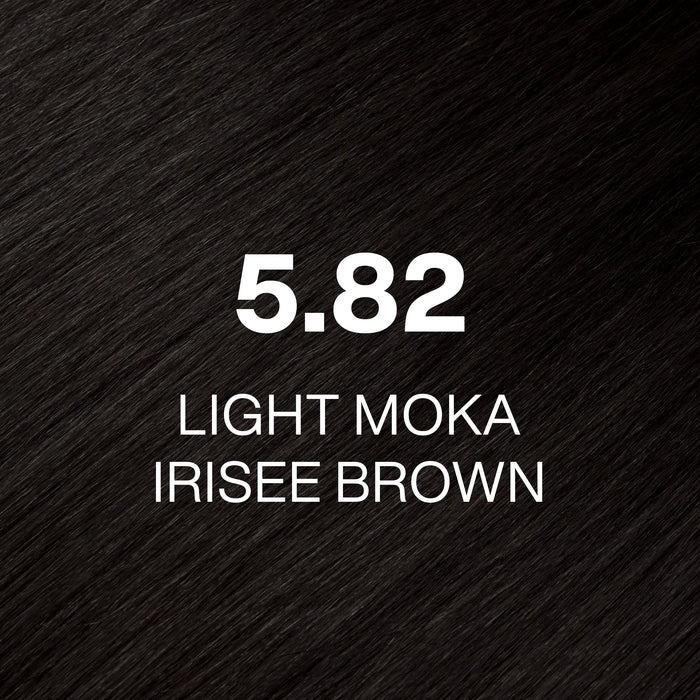 GK Hair Juvexin Cream Color Moka, shade 5.82 Light Moka Irisee Brown: very dark espresso-brown hair color swatch close-up