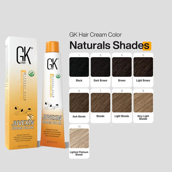 GK Hair Cream Color Naturals Shades chart, nine swatches from 1 Black to 10 Lightest Platinum Blonde, beside the Juvexin tube