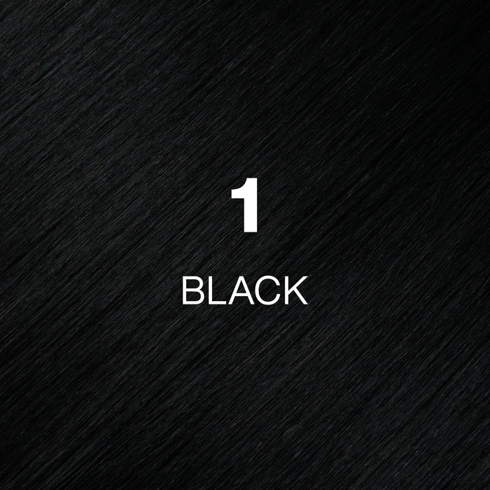 GK Hair Juvexin Cream Color Naturals, shade 1 Black: jet-black hair color swatch close-up with a soft sheen