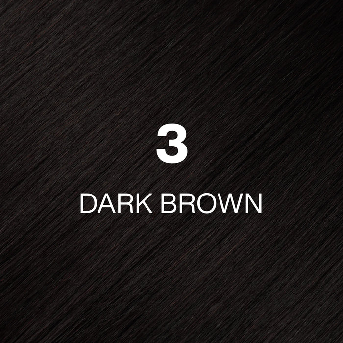 GK Hair Juvexin Cream Color Naturals, shade 3 Dark Brown: very dark brown hair color swatch close-up, almost black