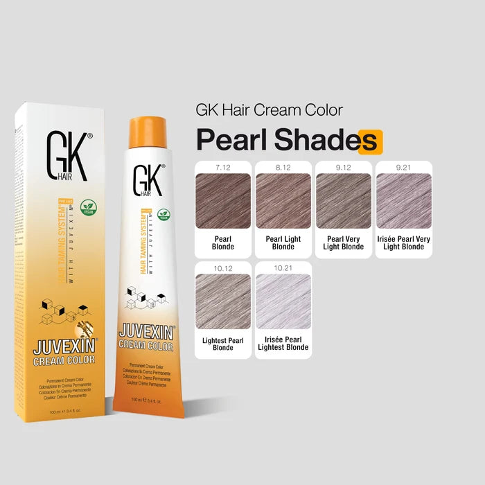 GK Hair Cream Color Pearl Shades chart, six swatches, 7.12 Pearl Blonde to 10.21 Irisee Pearl Lightest Blonde, plus the tube