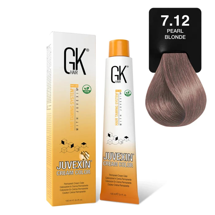 GK Hair Juvexin Cream Color Pearl 7.12 Pearl Blonde 100 ml tube and carton beside a card holding a mauve-taupe brown curl