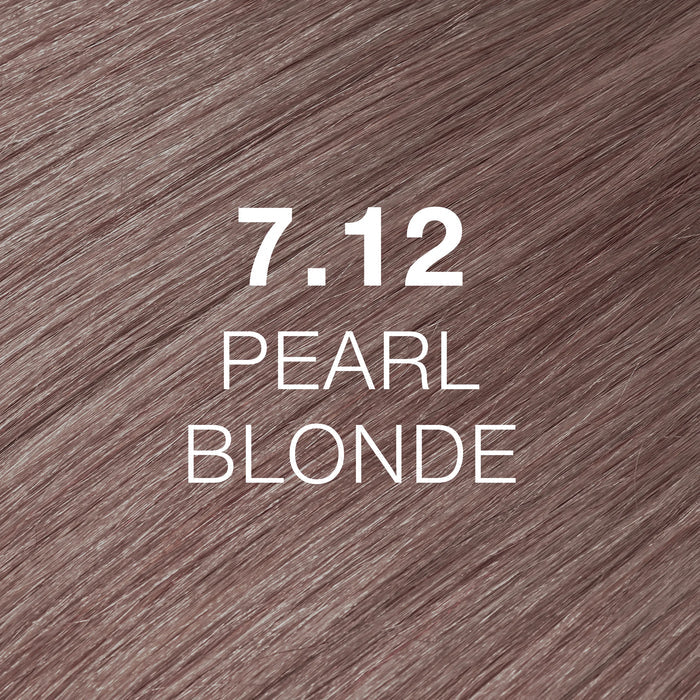GK Hair Juvexin Cream Color Pearl texture swatch labeled 7.12 Pearl Blonde, a full frame of mauve-taupe brown hair