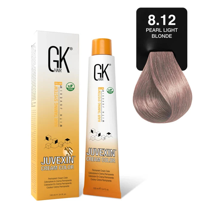 GK Hair Juvexin Cream Color Pearl 8.12 Pearl Light Blonde 100 ml tube and carton beside a card holding a soft mauve-pink curl