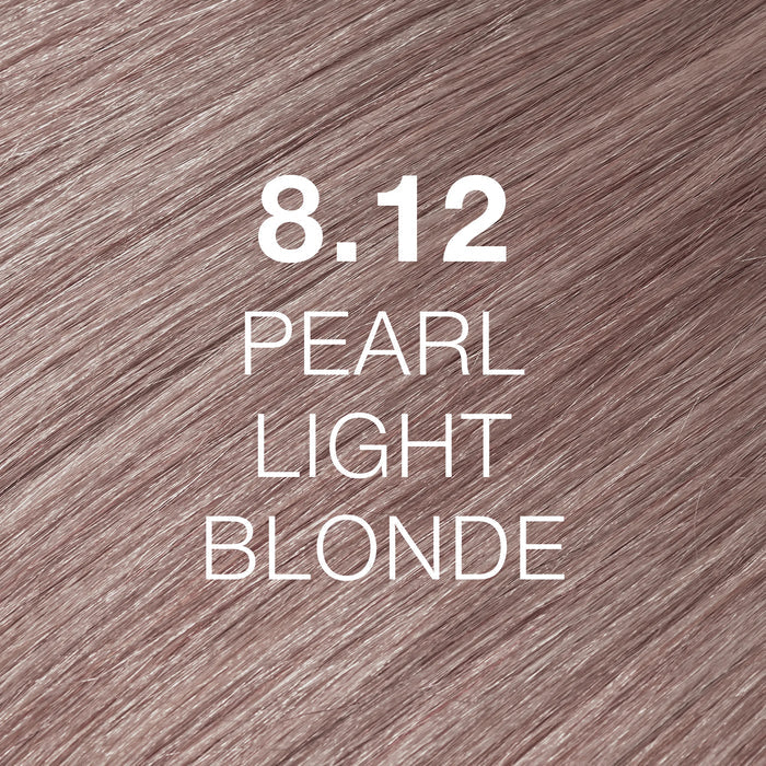 GK Hair Juvexin Cream Color Pearl texture swatch labeled 8.12 Pearl Light Blonde, a full frame of soft mauve-pink blonde hair