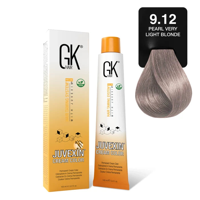 GK Hair Juvexin Cream Color Pearl 9.12 Pearl Very Light Blonde 100 ml tube and box beside a card holding a silvery beige curl
