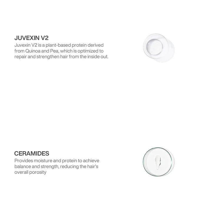 Juvexin Cream Color ingredient panel: Juvexin V2 quinoa-and-pea protein repairs hair; Ceramides add moisture and cut porosity