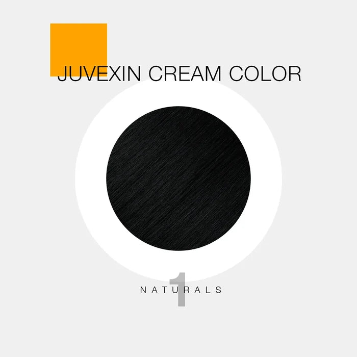 GK Hair Juvexin Cream Color 1 Naturals hair color swatch, a solid jet-black disc on a gray card