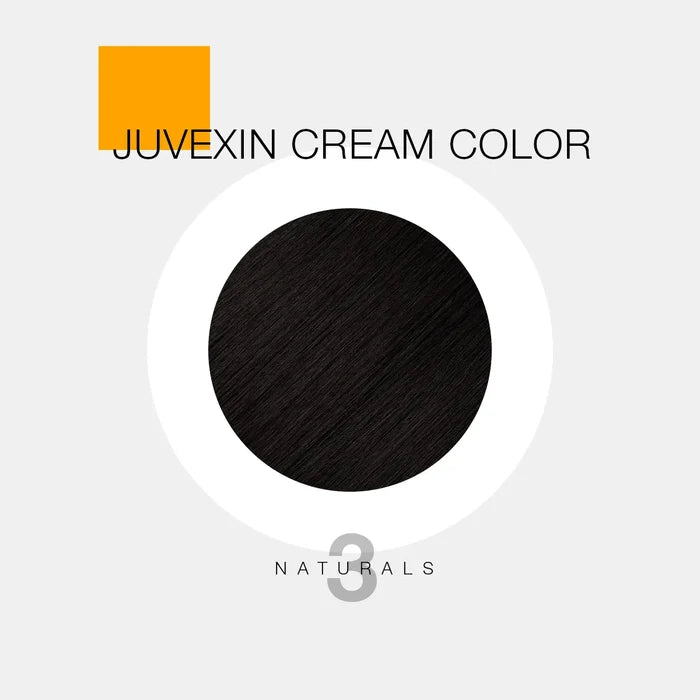 GK Hair Juvexin Cream Color 3 Naturals hair color swatch, a black-brown disc on a light gray card