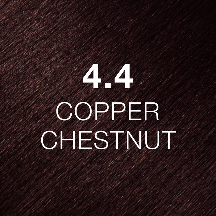 GK Hair Juvexin Cream Color 4.4 Copper Chestnut hair color swatch, deep coppery red-brown hair texture labeled in white