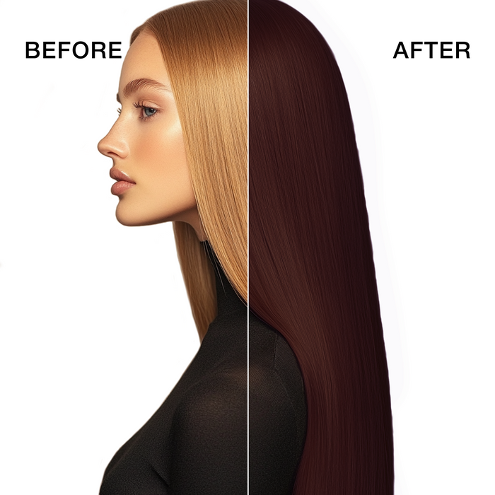 GK Hair's model 4 showing her hair before and after using GK Hair's 5.4 Light Copper Brown Cream Color