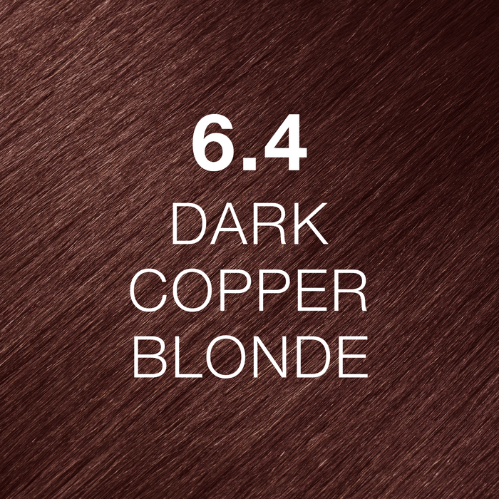 GK Hair Juvexin Cream Color 6.4 Dark Copper Blonde hair color swatch, glossy reddish-copper strands labeled in white