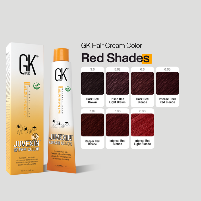 GK Hair Red Shades Cream Color packaging with color swatches on a gray background