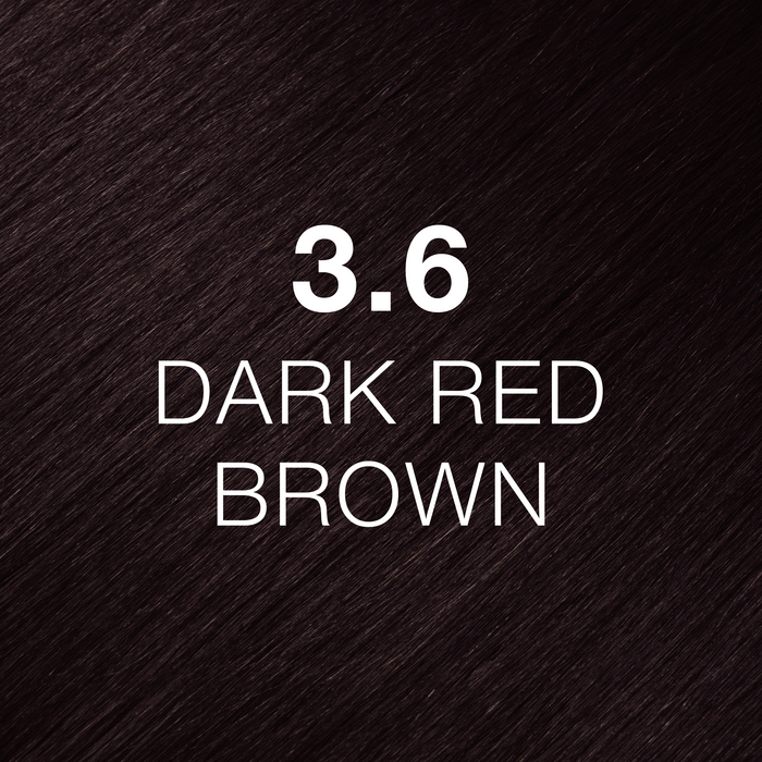 GK Hair Juvexin Cream Color 3.6 Dark Red Brown hair color swatch, very dark red-brown hair texture labeled in white