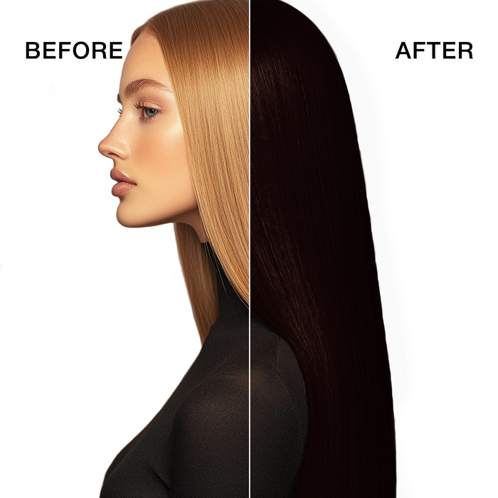 GK Hair's model 4 showing her hair before and after using GK Hair's 3.6 Dark Red Brown Cream Color