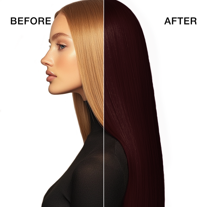 GK Hair's model 4 showing her hair before and after using GK Hair's 5.62 Irisee Red Light Cream Color