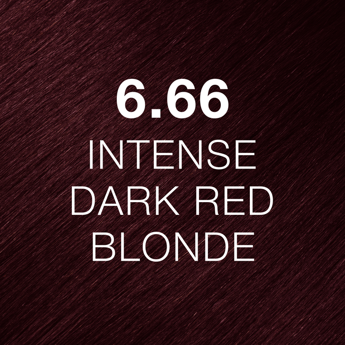 GK Hair Juvexin Cream Color 6.66 Intense Dark Red Blonde hair color swatch, dark plum-red strands labeled in white