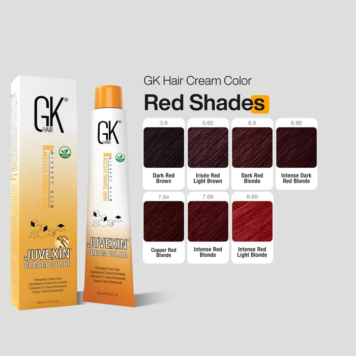GK Hair Cream Color Red Shades chart with the Juvexin carton and tube, showing swatches 3.6, 5.62, 6.6, 6.66, 7.64, 7.66, 8.66