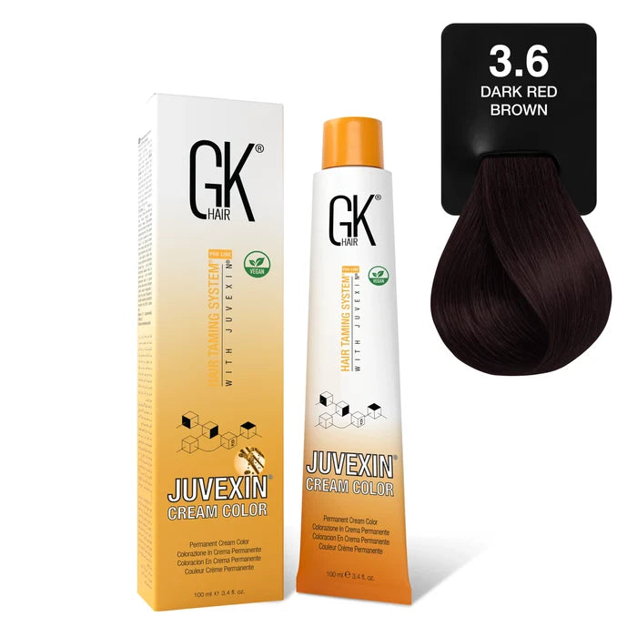 GK Hair Juvexin Cream Color Reds 3.6 Dark Red Brown 100 ml tube and carton beside a card holding a deep burgundy-brown curl