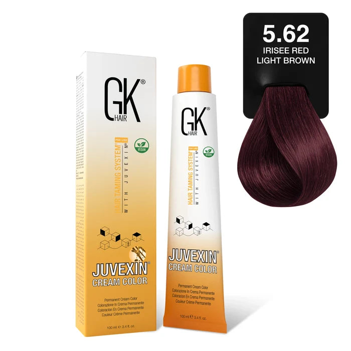 GK Hair Juvexin Cream Color Reds 5.62 Irisee Red Light Brown 100 ml tube and box beside a card holding a deep violet-red curl