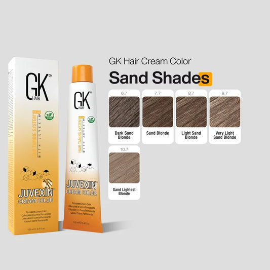 GK Hair Cream Color Sand Shades chart with the Juvexin carton and tube, showing swatches 6.7, 7.7, 8.7, 9.7 and 10.7 Sand Blonde