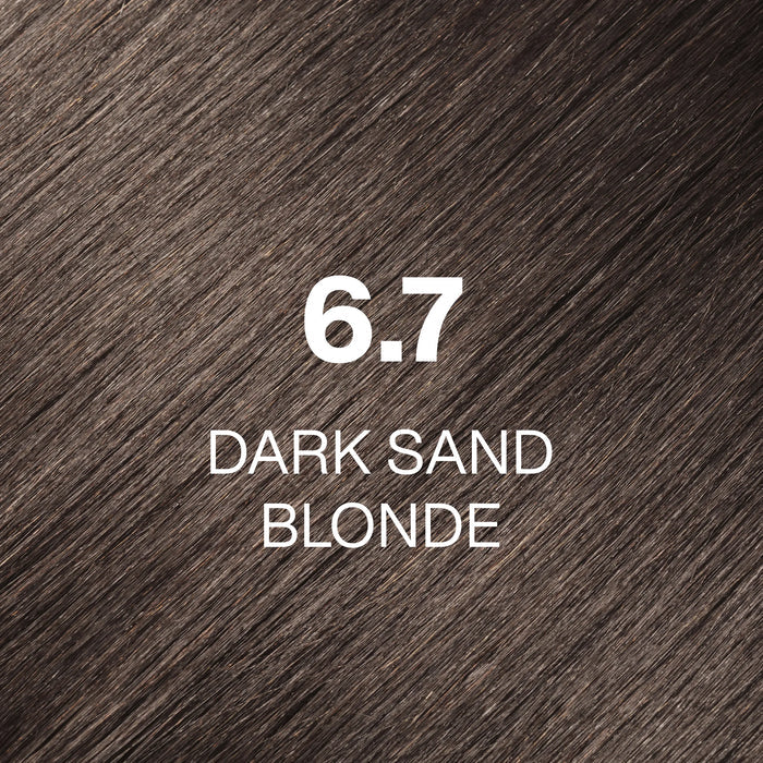 GK Hair Juvexin Cream Color 6.7 Dark Sand Blonde hair color swatch, cool ashy medium brown strands filling the frame