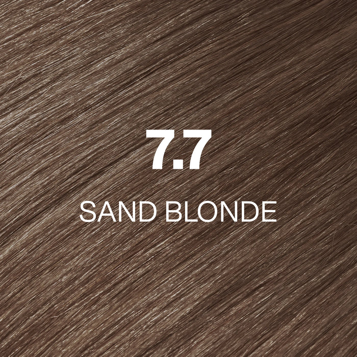 GK Hair Juvexin Cream Color 7.7 Sand Blonde hair color swatch, muted neutral light brown strands filling the frame